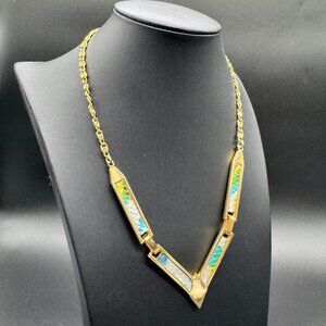 Gold Tone Chain Necklace V Shape Pastel Accent Centres